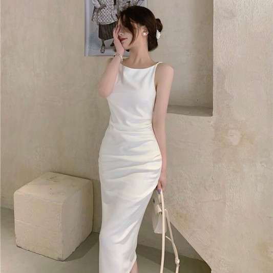 法式气质白色修身名媛礼服